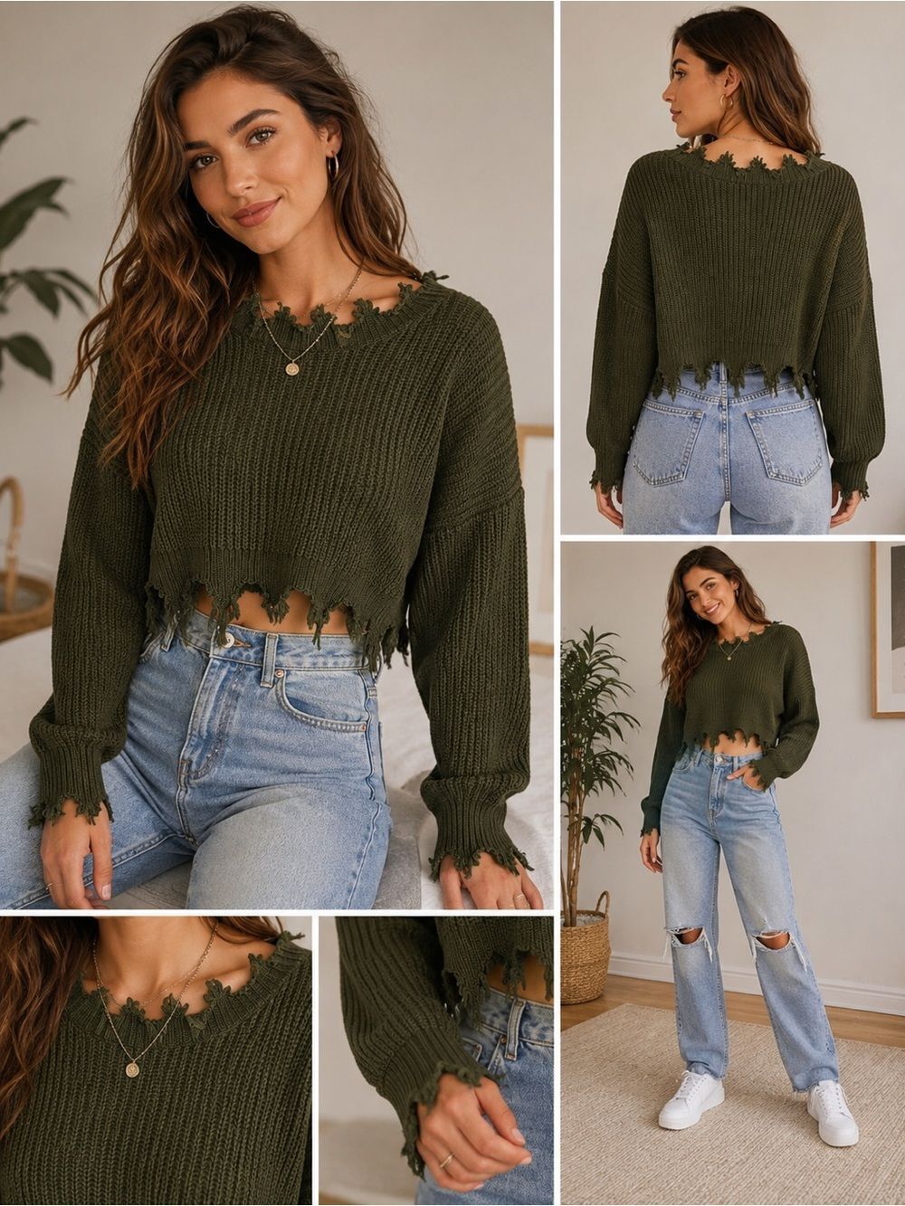 ZAFUL Olive Green Distressed Cropped Knit Sweater One Size Grunge Boho